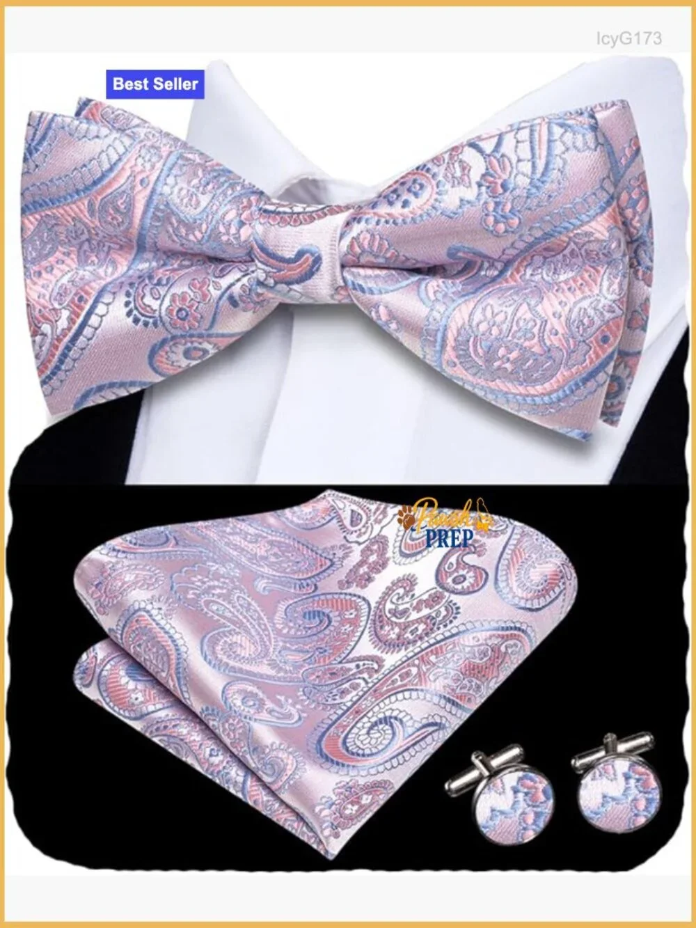Pre-Tied Silk Bow Tie Set with Pocket Square Cufflinks Lapel Pin